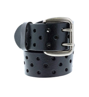A black leather Mccoy belt with decorative perforation on it, made by Bed Stu.