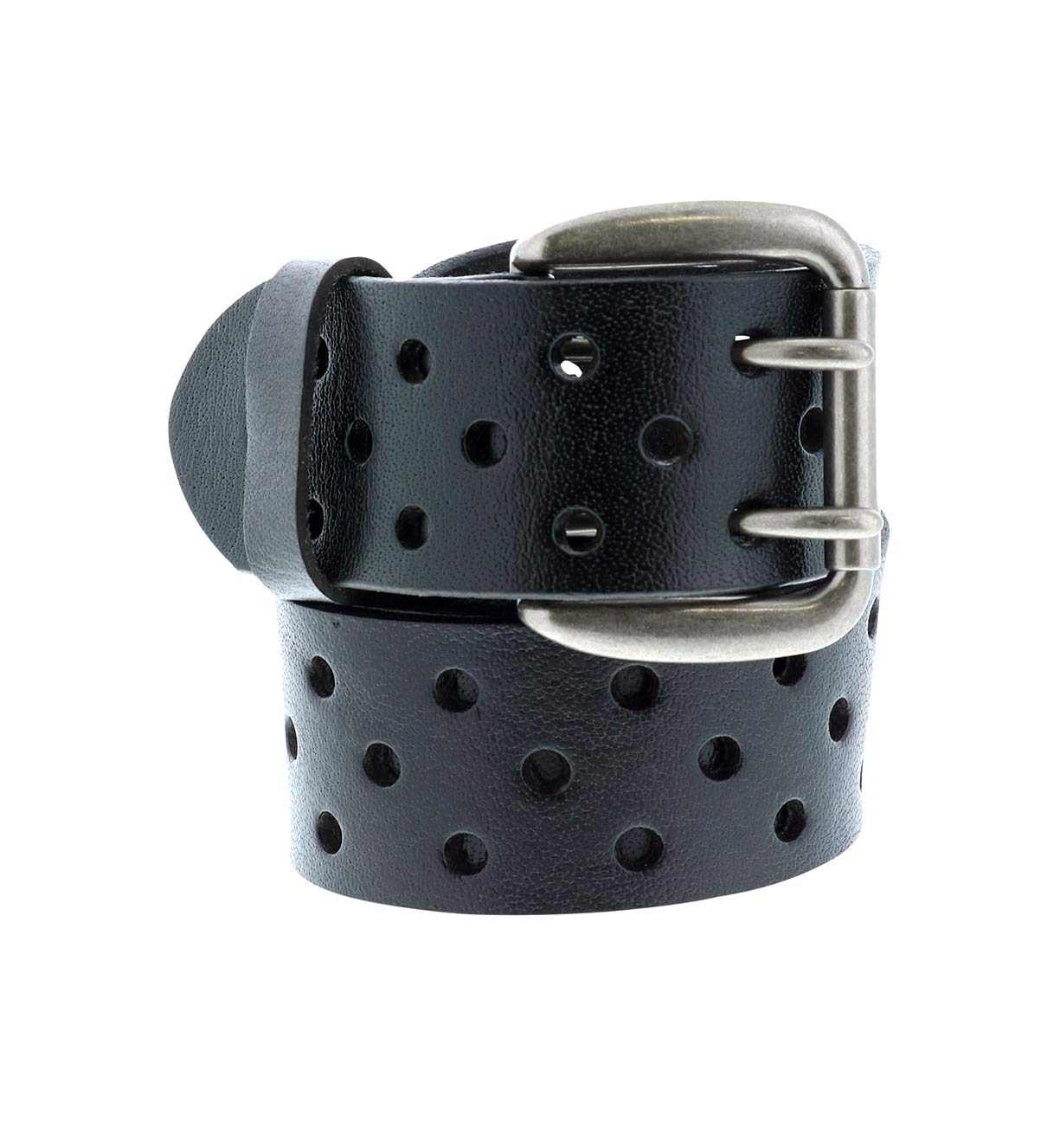 A black leather Mccoy belt with decorative perforation on it, made by Bed Stu.