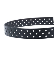 A black leather Mccoy belt with decorative perforation on it, made by Bed Stu.