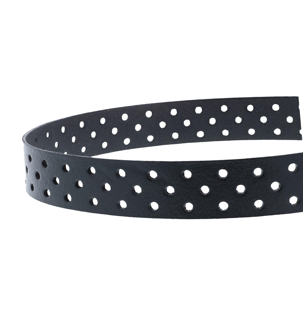 A black leather Mccoy belt with decorative perforation on it, made by Bed Stu.