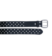 A black leather Mccoy belt with decorative perforation on it, made by Bed Stu.