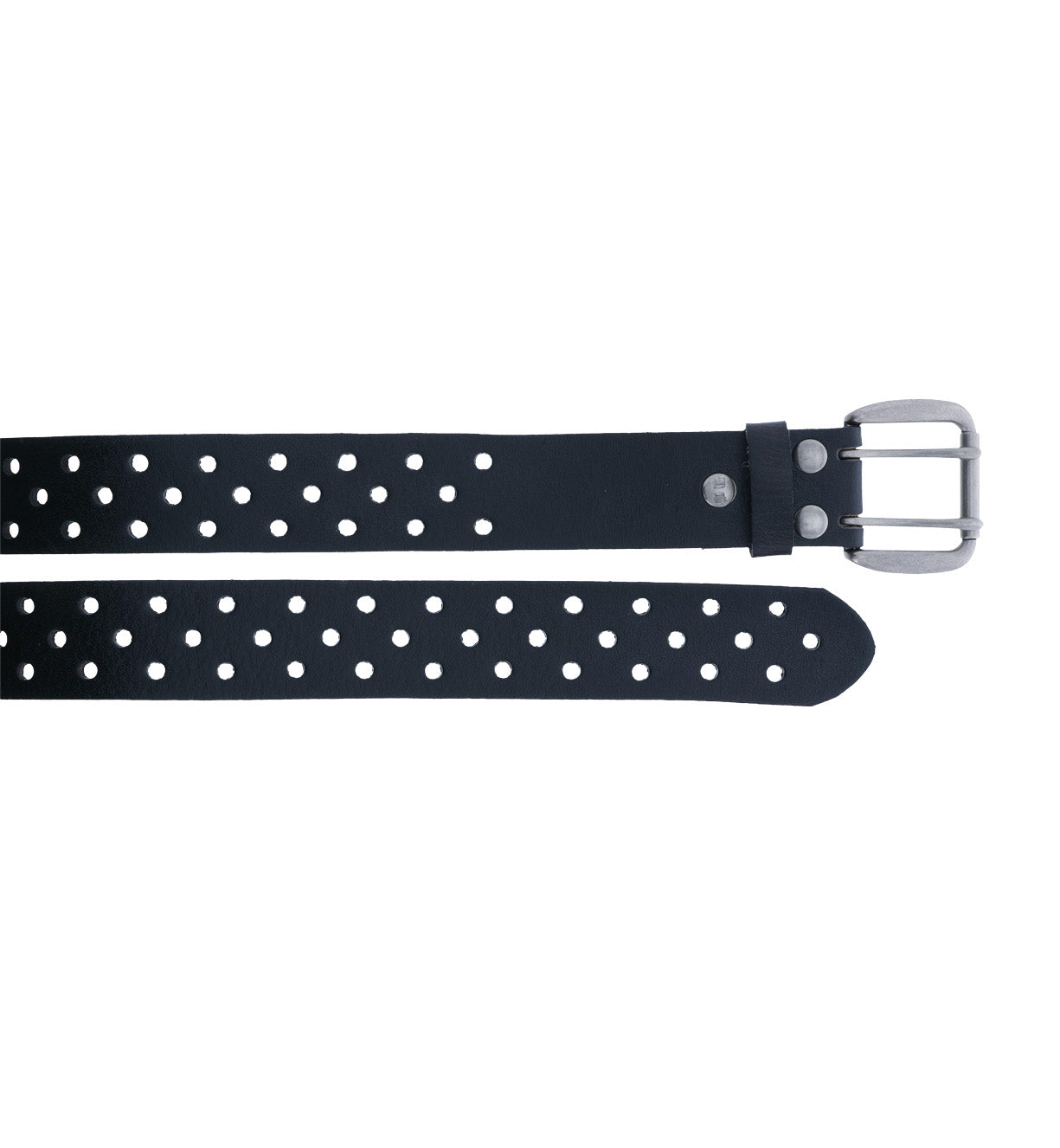 A black leather Mccoy belt with decorative perforation on it, made by Bed Stu.