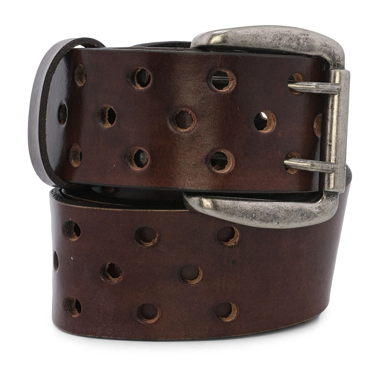 A brown leather Mccoy belt with decorative perforation on it, made by Bed Stu.