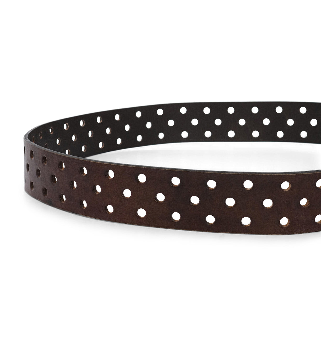 A brown leather Mccoy belt with decorative perforation on it, made by Bed Stu.