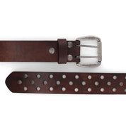 A brown leather Mccoy belt with decorative perforation on it, made by Bed Stu.