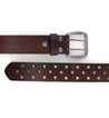 A brown leather Mccoy belt with decorative perforation on it, made by Bed Stu.