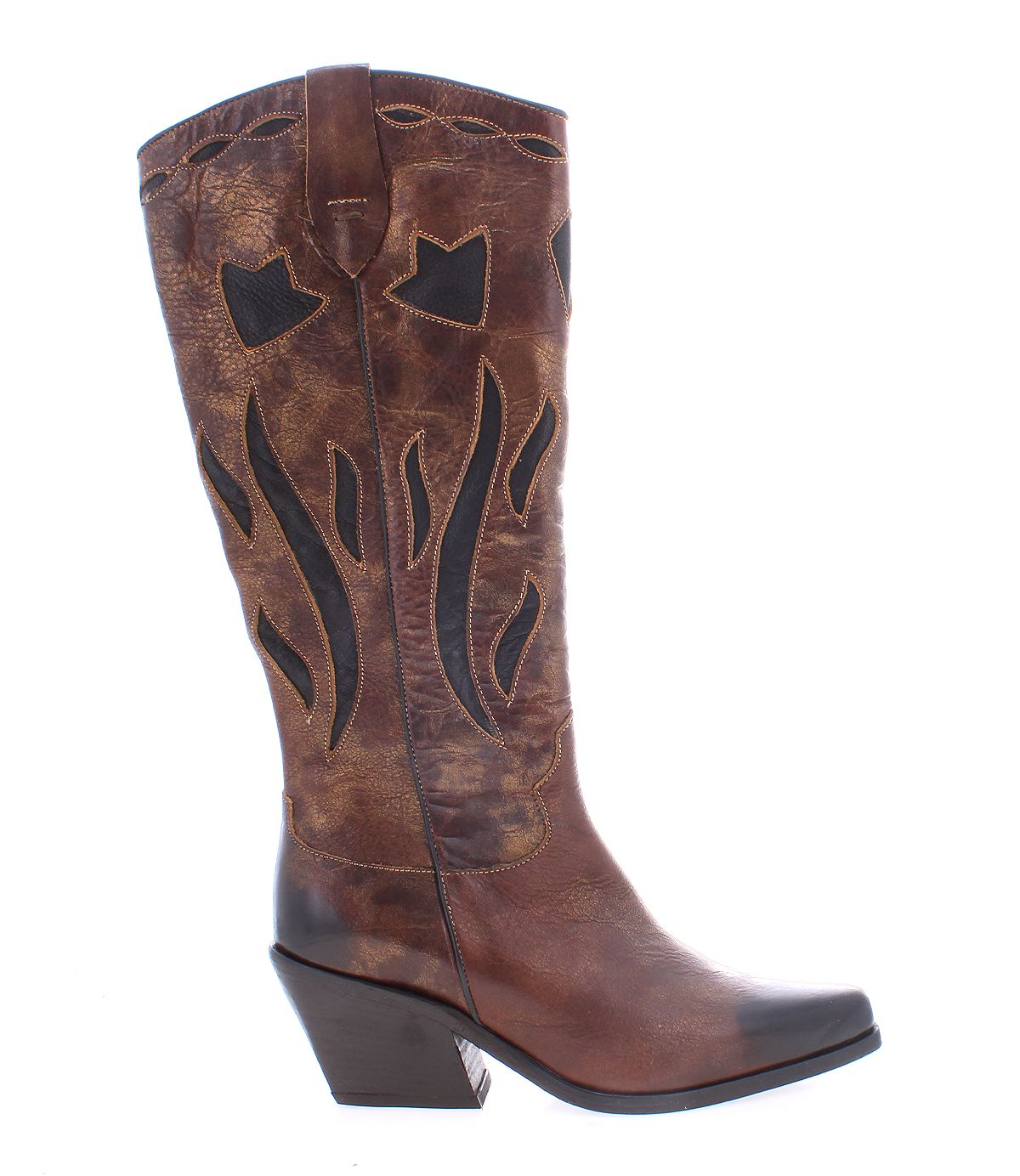 The Meadow cowgirl boot by Bed Stu features brown leather with black flame-like stitching details, a side pull tab, and a pointed toe paired with a chunky angled heel. Handcrafted leather ensures lasting quality and style.