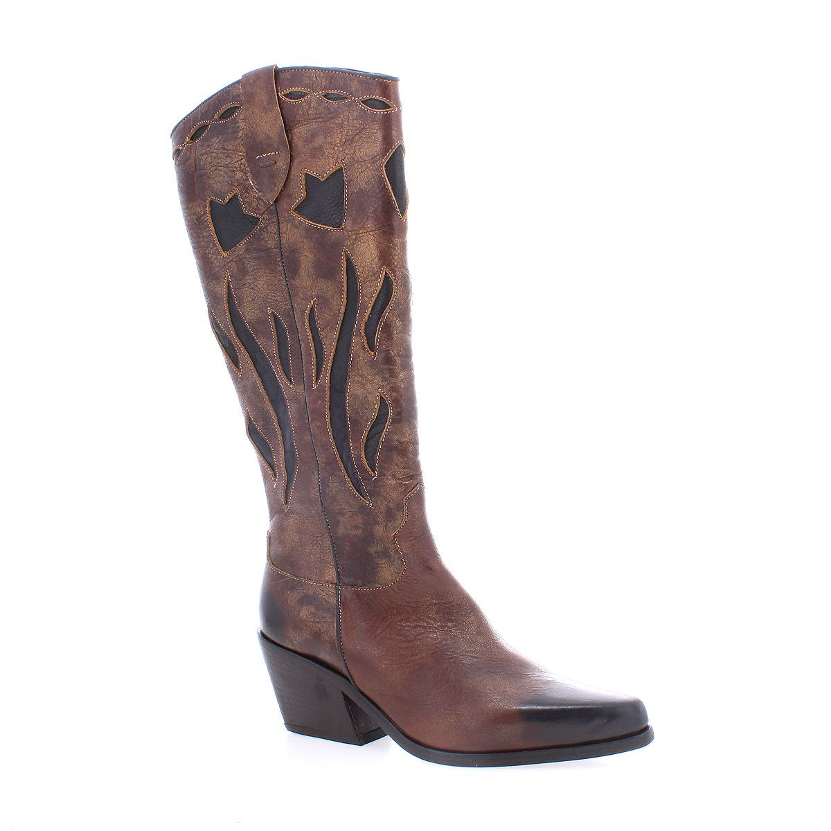 A single handcrafted "Meadow" leather cowgirl boot by Bed Stu, featuring black decorative stitching, a pointed toe, and a chunky heel, displayed against a plain white background.