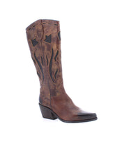 A single handcrafted "Meadow" leather cowgirl boot by Bed Stu, featuring black decorative stitching, a pointed toe, and a chunky heel, displayed against a plain white background.