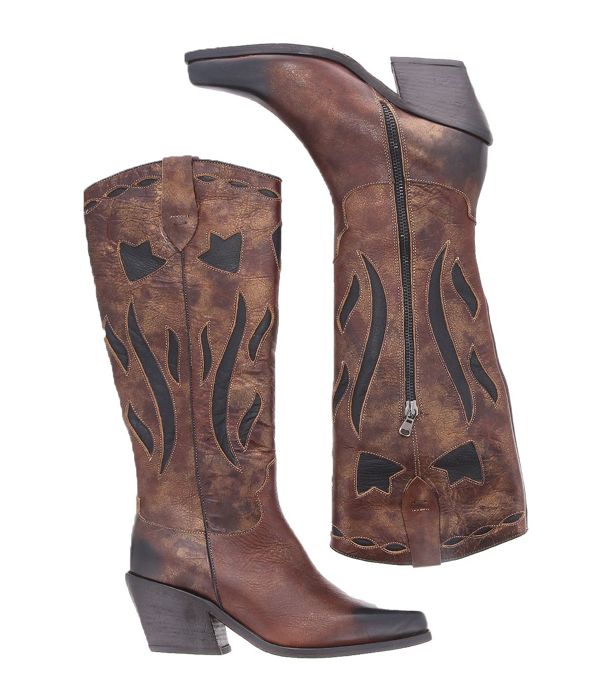 Introducing the Meadow by Bed Stu: a pair of brown cowgirl boots adorned with black flame-style detailing, featuring side zippers and chunky heels. These handcrafted leather boots exude western charm and durability.