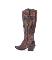 Side view of a single brown handcrafted leather boot, the Meadow by Bed Stu, featuring a mid-height heel, decorative stitching, floral inlay designs, and a zipper on the side.