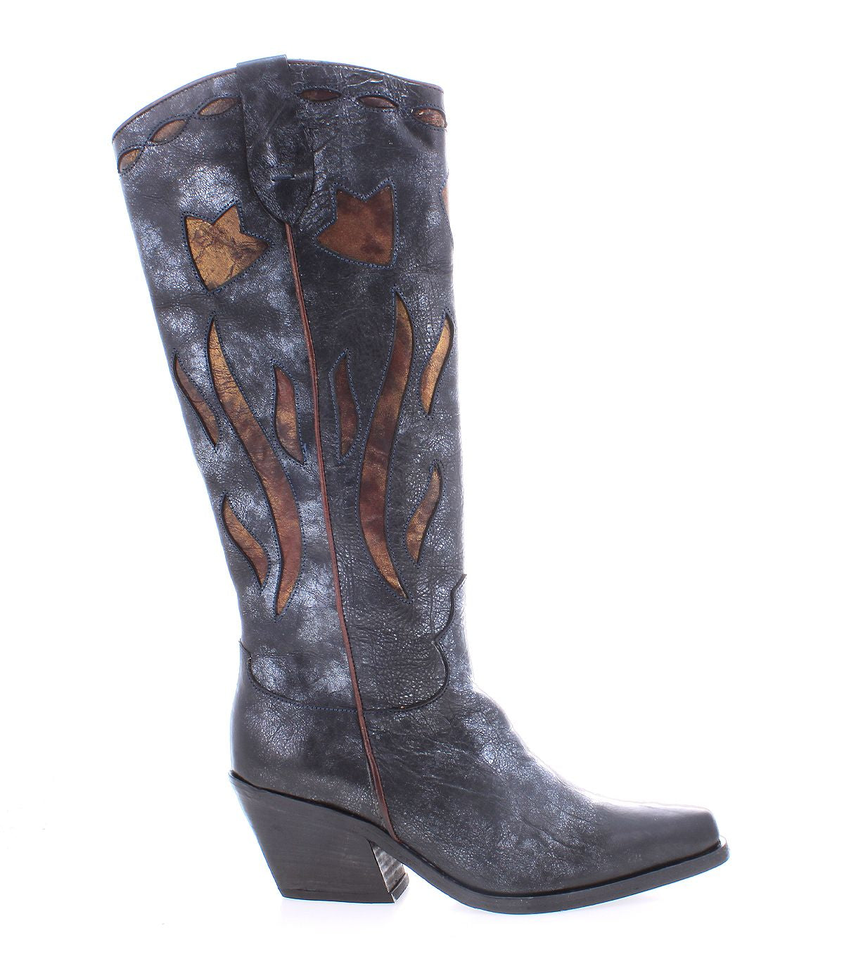 The Meadow from Bed Stu is a single handcrafted black leather cowgirl boot, featuring decorative brown flame details and a chunky heel, viewed from the side against a white background.