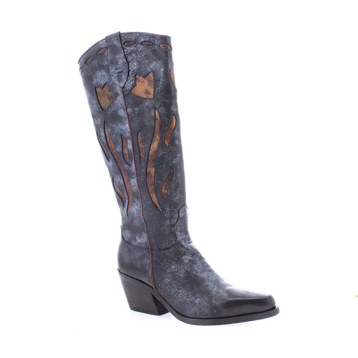 The Meadow from Bed Stu is a single, tall black leather cowgirl boot featuring a pointed toe, medium heel, and handcrafted decorative brown flame-patterned cutouts along the shaft.