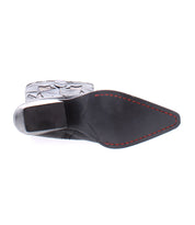 The sole view of the Meadow handcrafted leather boot by Bed Stu, featuring red stitching along the edges, a pointed toe, and subtle floral inlay designs.