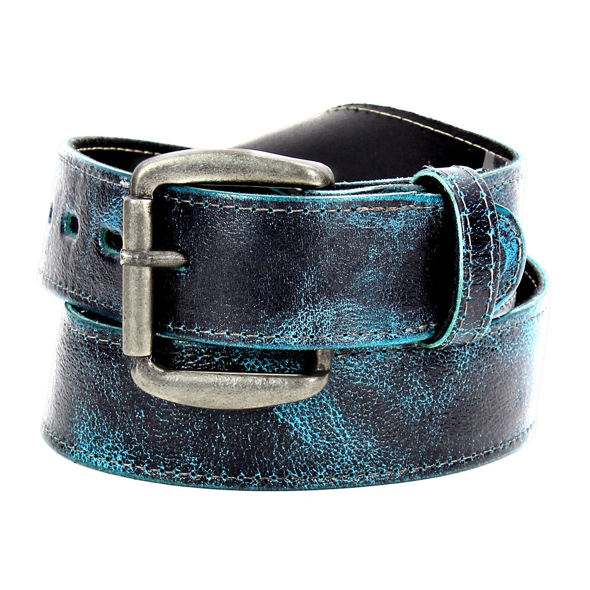 The "Meander" by Bed Stu is a distressed leather belt with an antique metal buckle, featuring a versatile blend of black and turquoise colors, coiled in a loop.