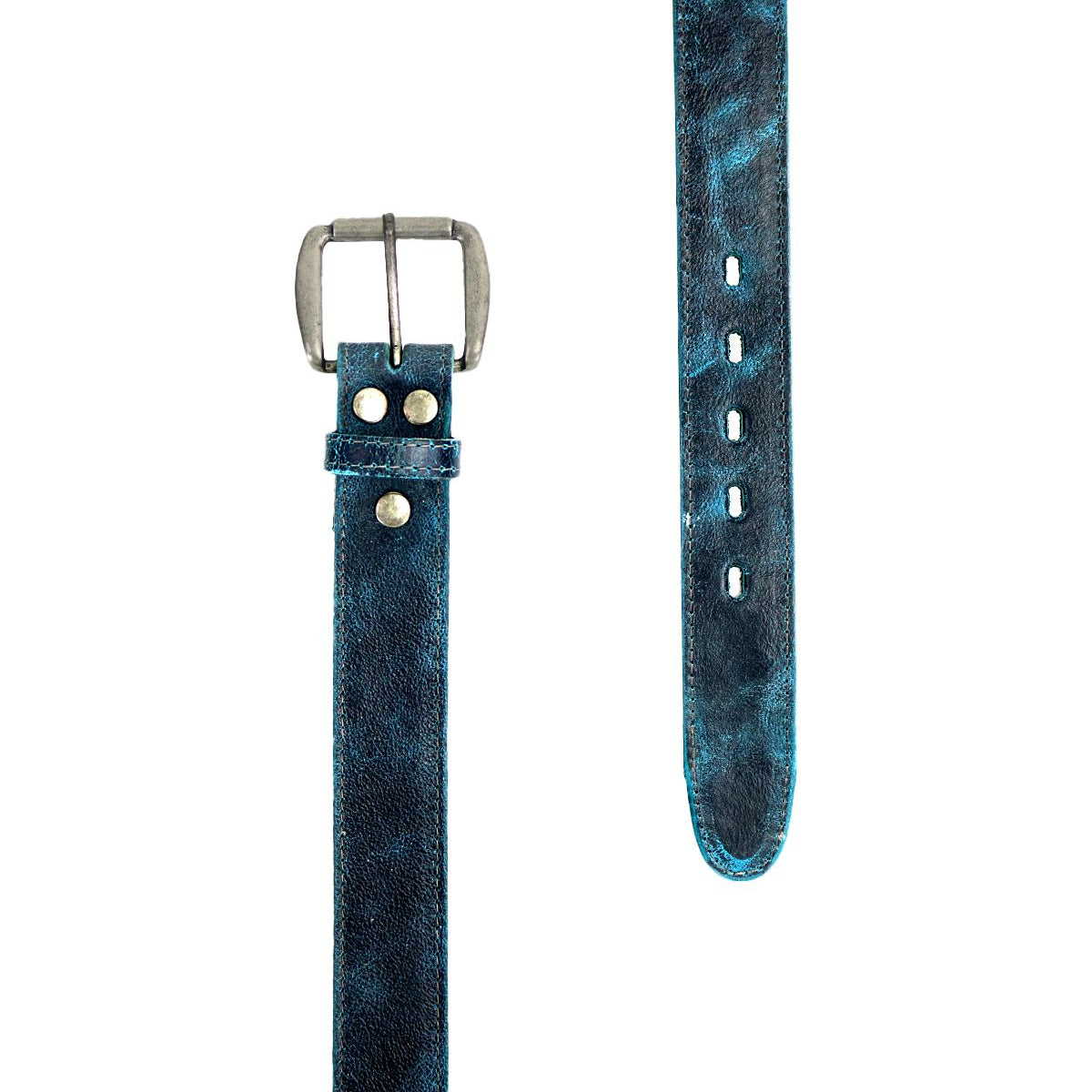 The Meander belt by Bed Stu is a versatile blue leather accessory featuring a distressed finish and an antique metal buckle. It offers multiple holes for adjustability.