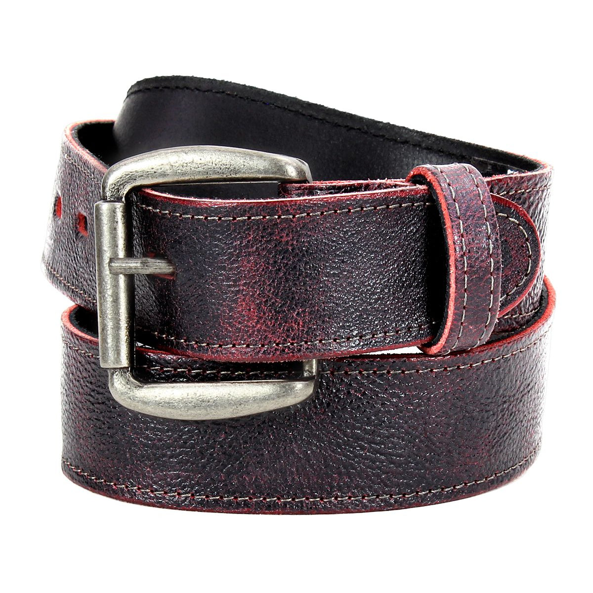 The Meander belt by Bed Stu is a coiled, dark brown leather belt crafted from genuine distressed leather with a removable antique metal buckle and red stitching detail.