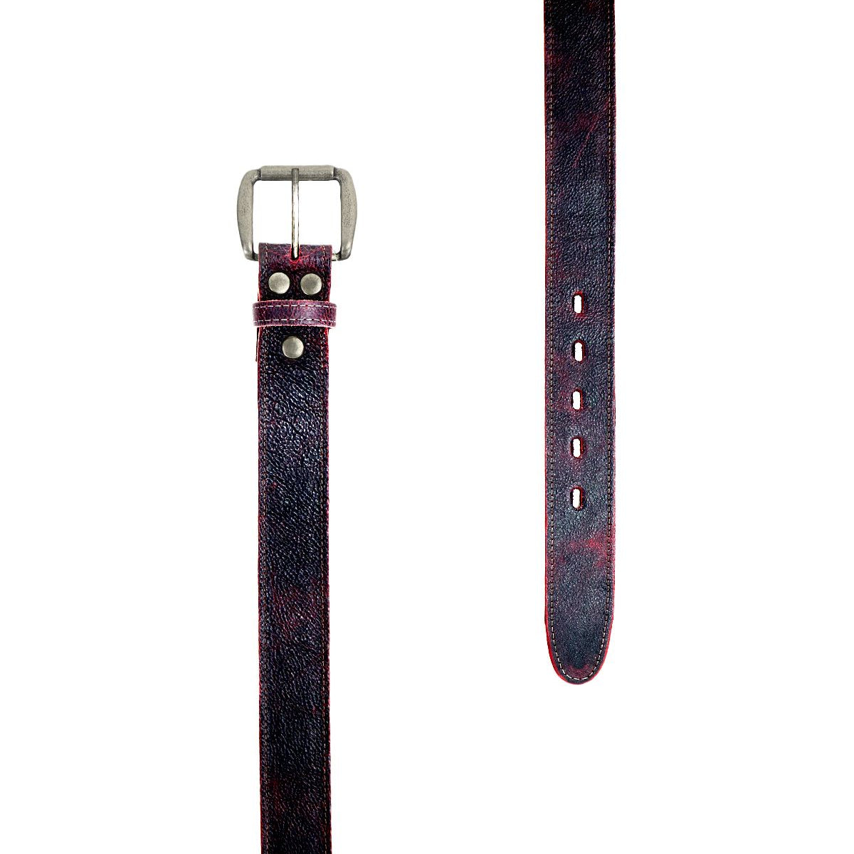 Introducing the "Meander" belt by Bed Stu: a black leather accessory with a genuine distressed look, accented by red stitching and featuring a removable antique silver buckle. The belt is showcased fully extended and partially folded to display both sides, allowing for versatile styling options.