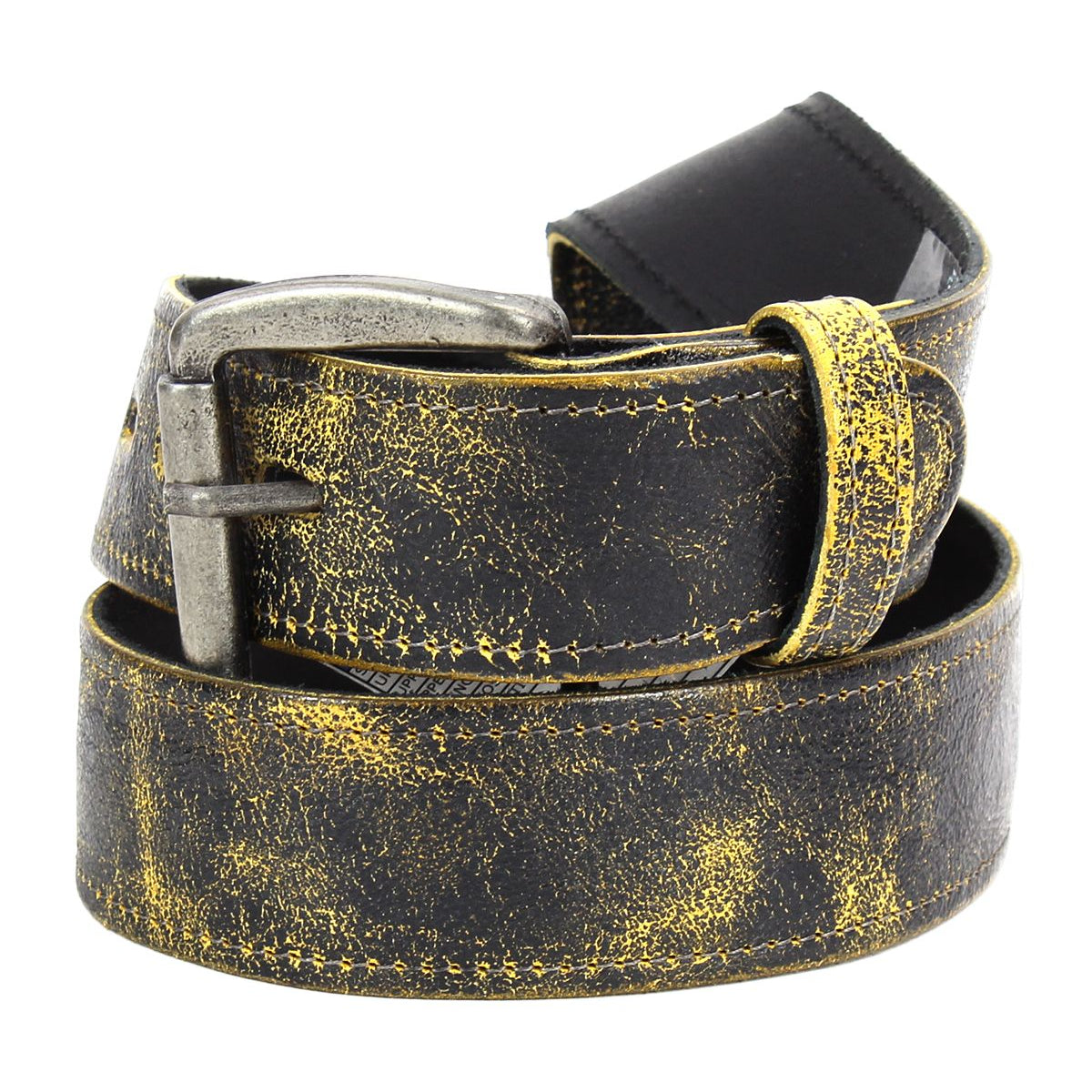 The Bed Stu Meander, a black leather belt featuring a genuine distressed yellowish texture and a removable antique metal buckle, is coiled into a circle.