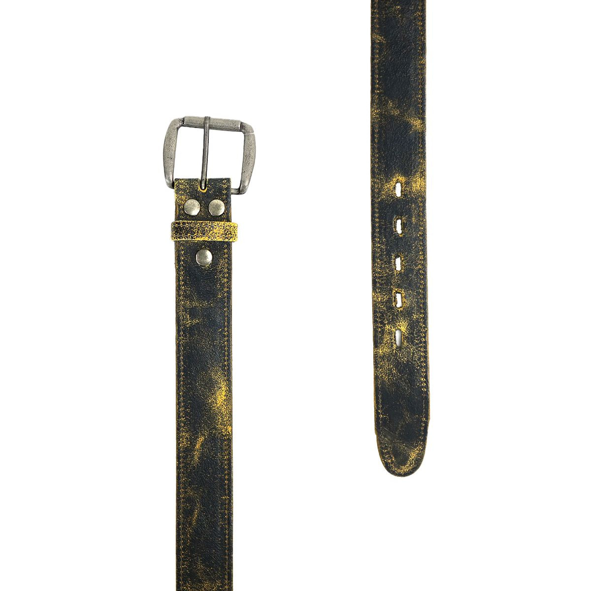 A distressed leather belt named Meander by Bed Stu, featuring a removable antique metal buckle. One view highlights the buckle and strap holes, while the other showcases the full length of the genuine distressed leather strap.