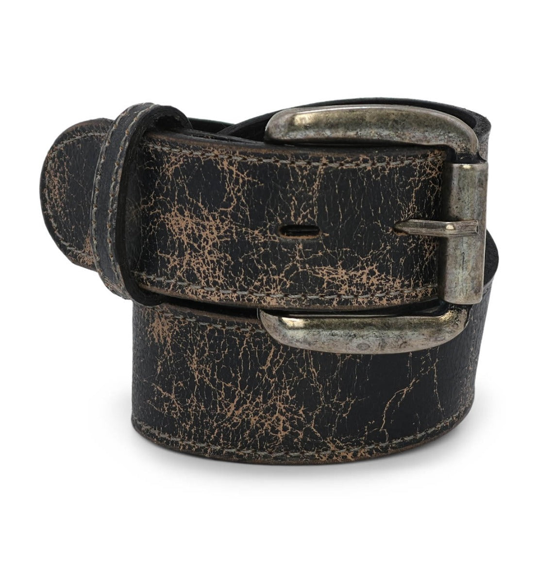 A distressed Meander Black Lux Belt with a scratched metallic buckle, rolled up, isolated on a white background. (Bed Stu)