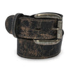 A black leather Meander belt with a silver Bed Stu buckle.