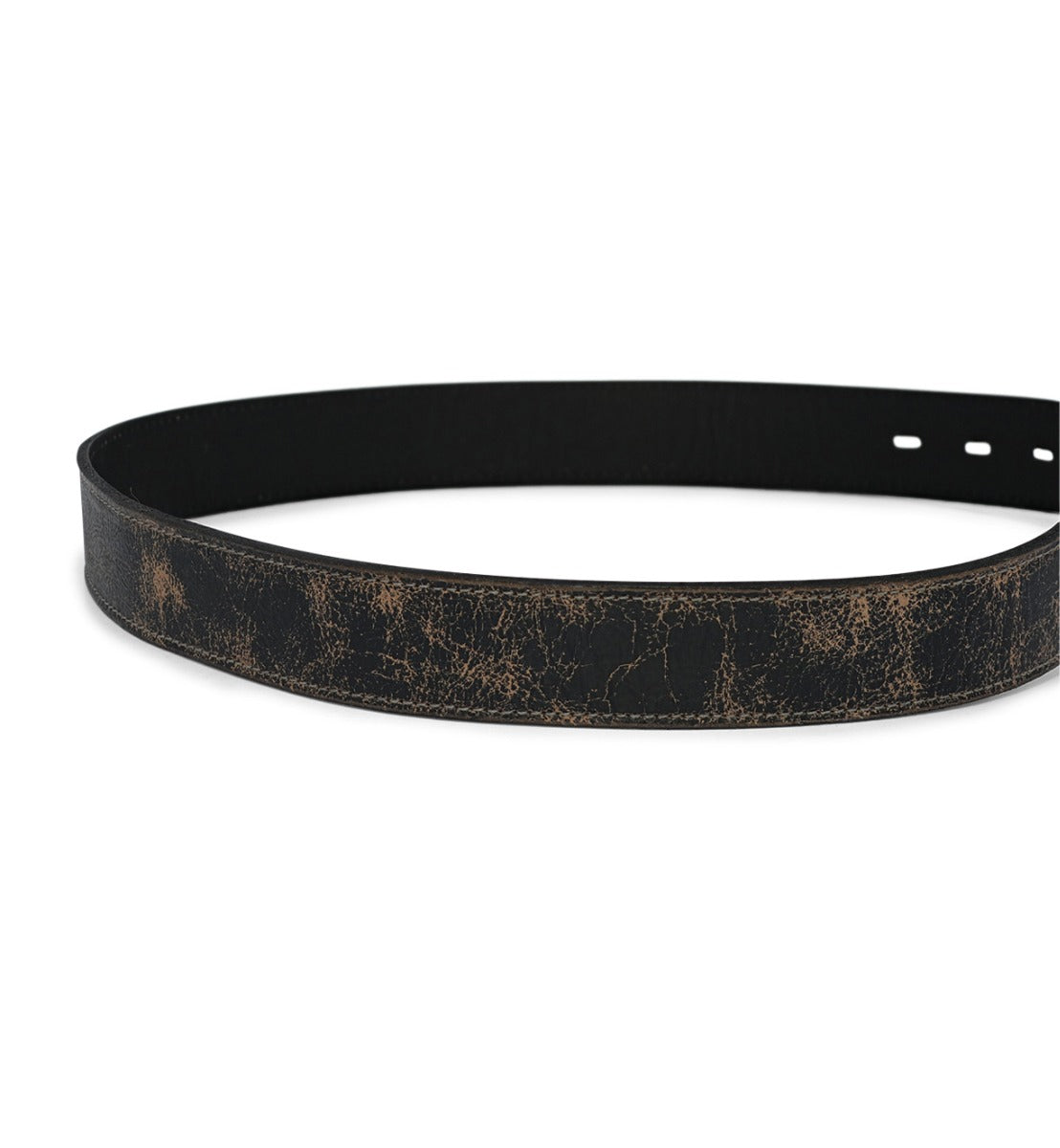 Meander by Bed Stu black distressed leather belt with visible wear and texture on a white background.