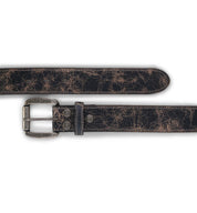 A weathered black leather Meander belt with an antique metal buckle, isolated on a white background by Bed Stu.