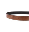 Curved Meander brown distressed leather belt with contrast stitching and a removable buckle, isolated on a white background.