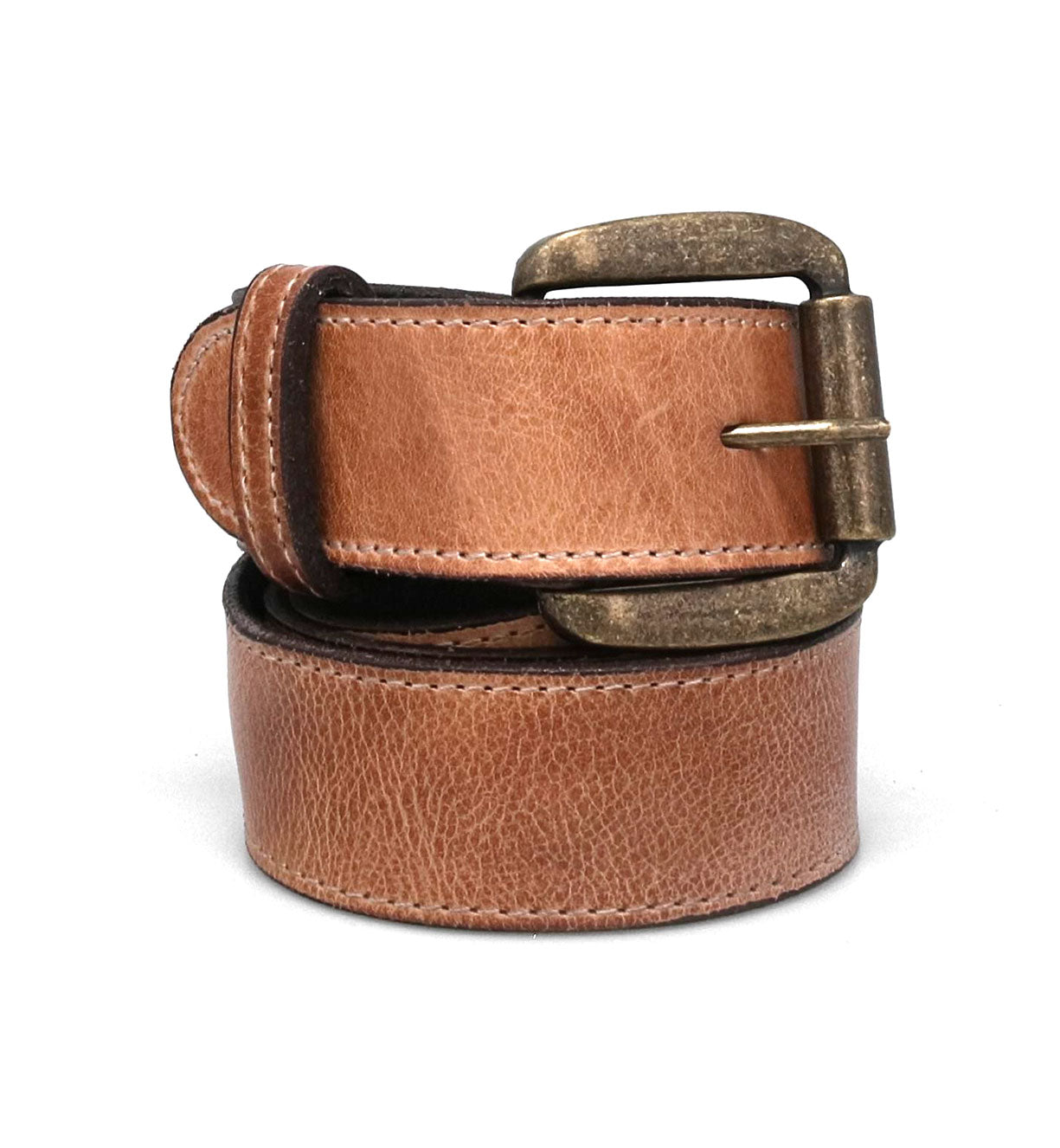 A Meander tan leather belt with a brass buckle from the Bed Stu brand.