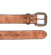 A brown distressed leather Meander belt by Bed Stu with a metal buckle, shown extended with holes for adjustment on a white background.