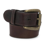 A coiled dark brown distressed leather belt with a brass buckle, isolated on a white background.