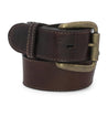 A coiled dark brown distressed leather belt with a brass buckle, isolated on a white background.