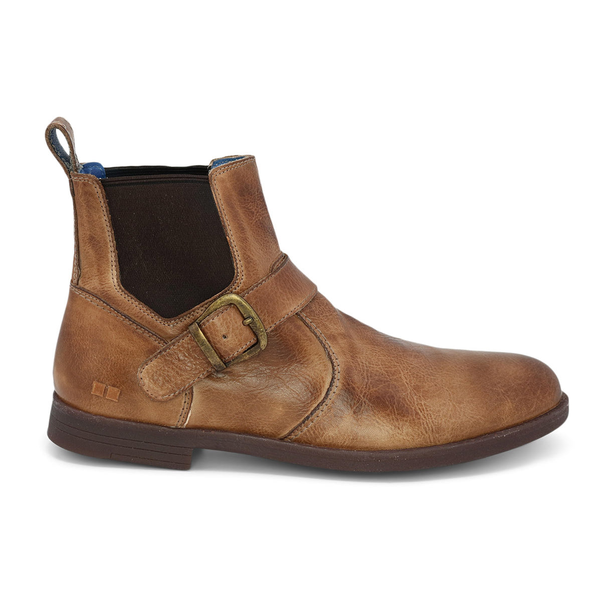 A Michelangelo tan leather chelsea boot with a buckle on the side by Bed Stu.