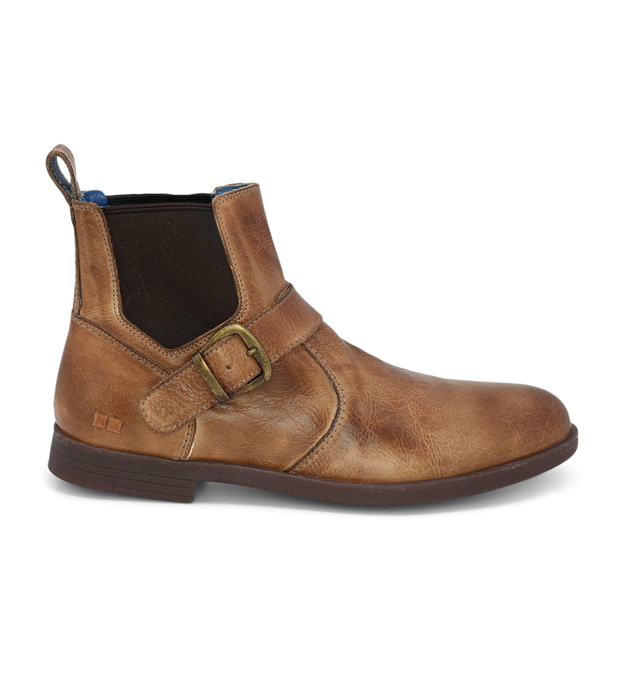 The Michelangelo by Bed|Stü is a brown leather ankle boot with a buckle accent, elastic panel, and low heel, inspired by classic Chelsea boots and finished with a durable rubber outsole. Displayed from the side against a white background.