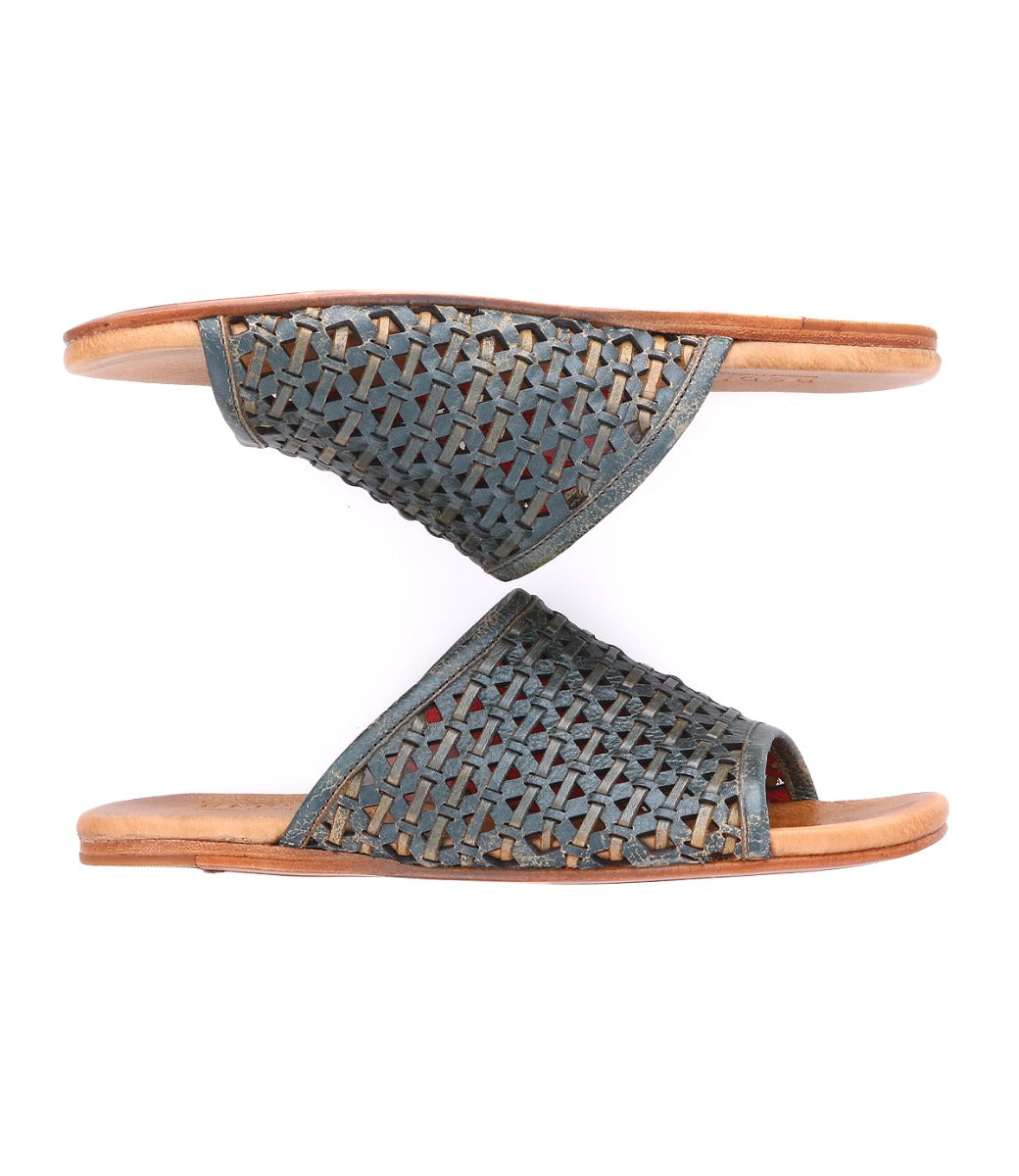 A pair of Minerva blue leather sandals with a woven pattern from the brand Bed Stu.