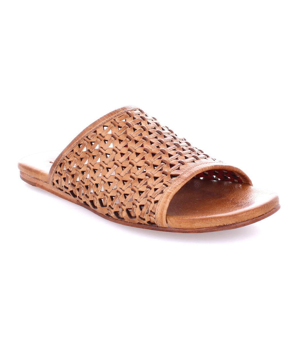 A women's Minerva tan leather slide sandals by Bed Stu.