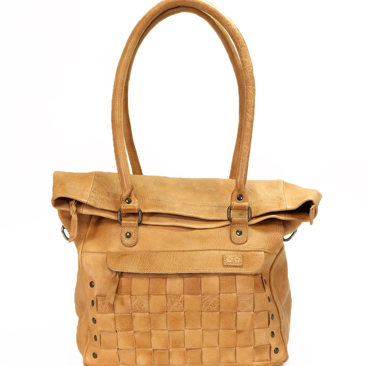 A Miriam handbag by Bed Stu, made of tan leather with handles.
