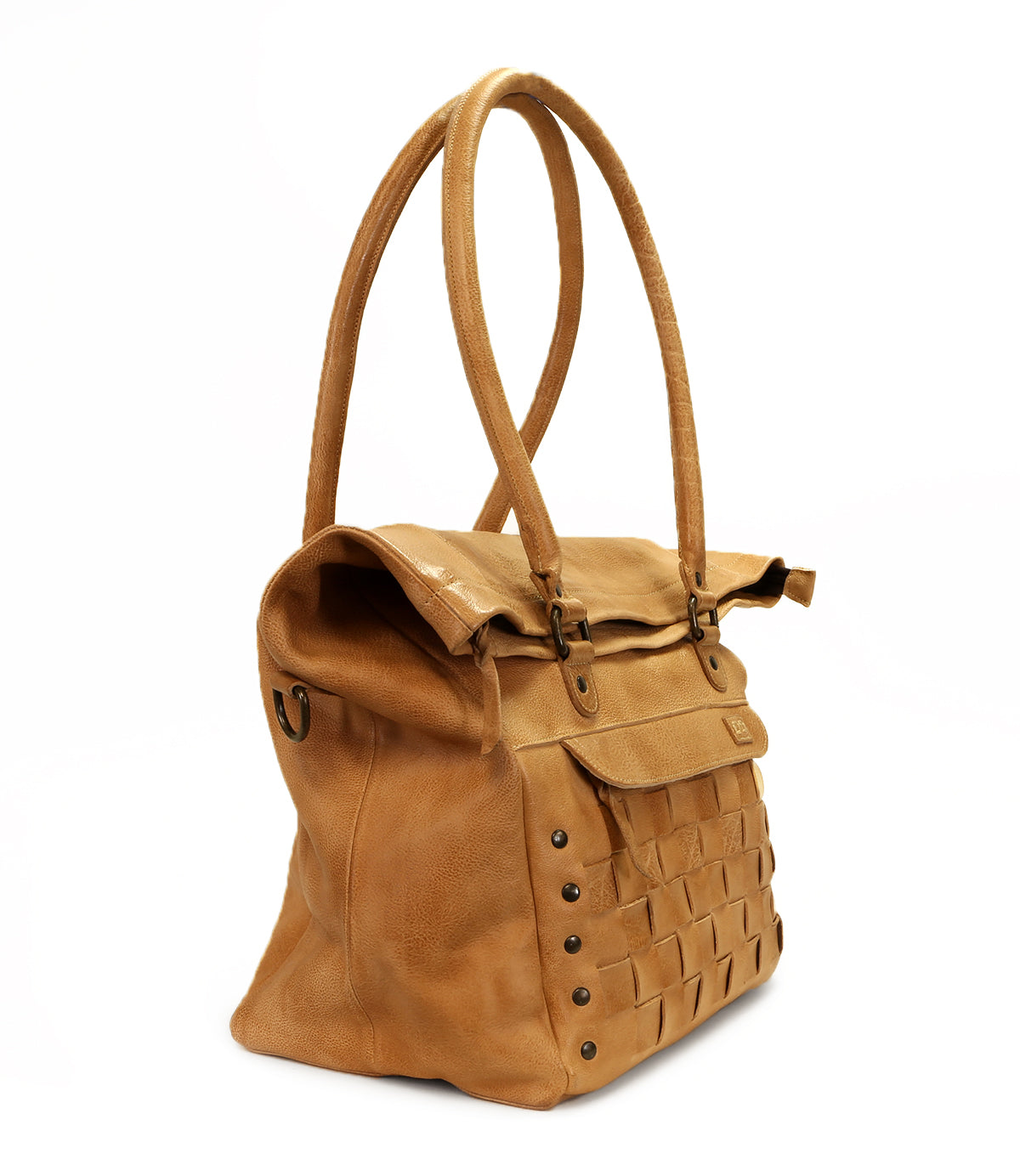 A Miriam handbag by Bed Stu, made of tan leather with handles.