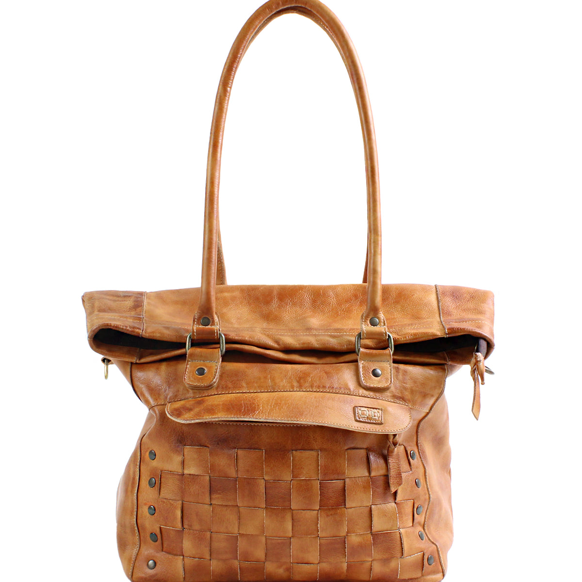 A Miriam handbag by Bed Stu, made of pecan leather with handles.