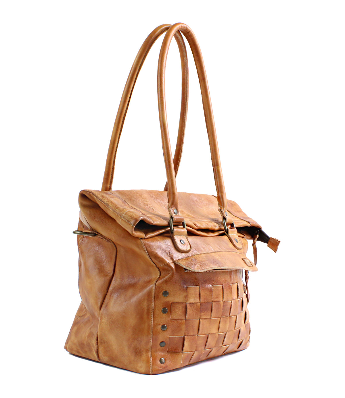 A Miriam handbag by Bed Stu, made of pecan leather with handles.