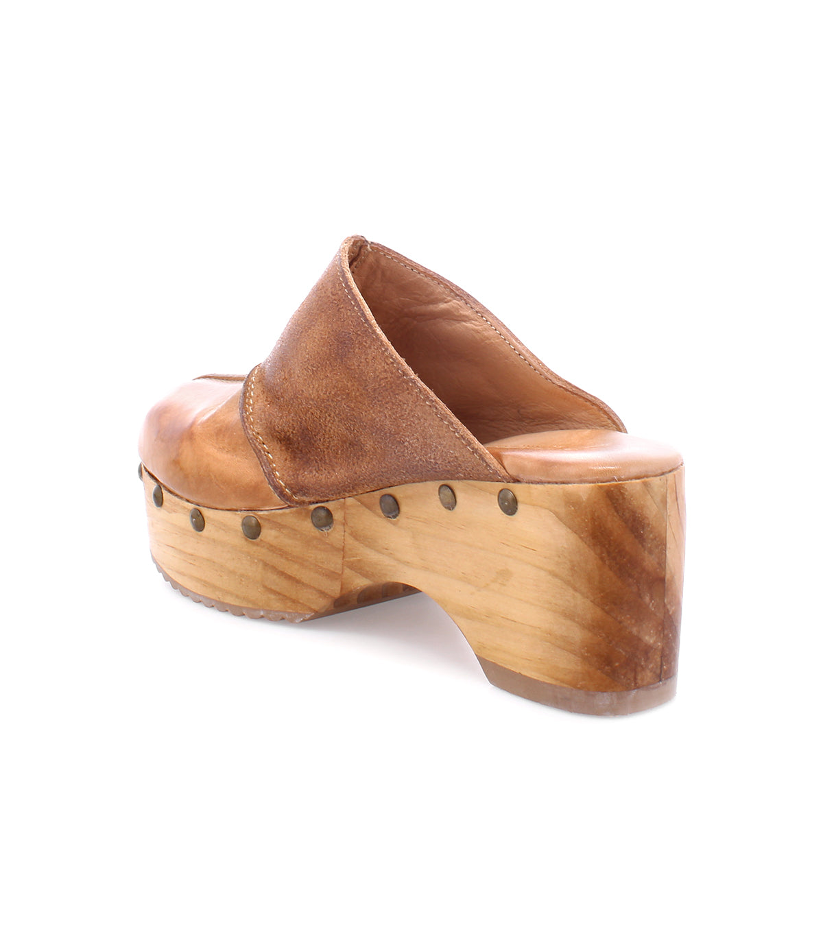 An eco-friendly women's wooden clog with a Mista wooden heel made of Chilean wood by Bed Stu.