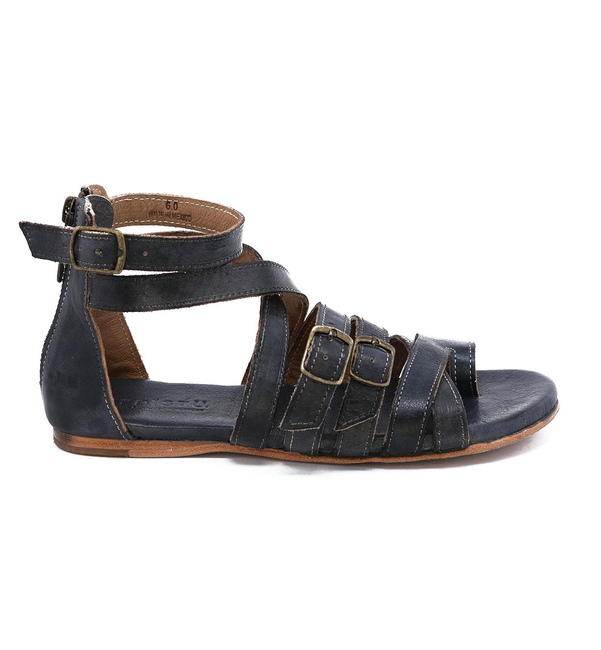 A women's Miya black leather sandal by Bed Stu with straps and buckles.
