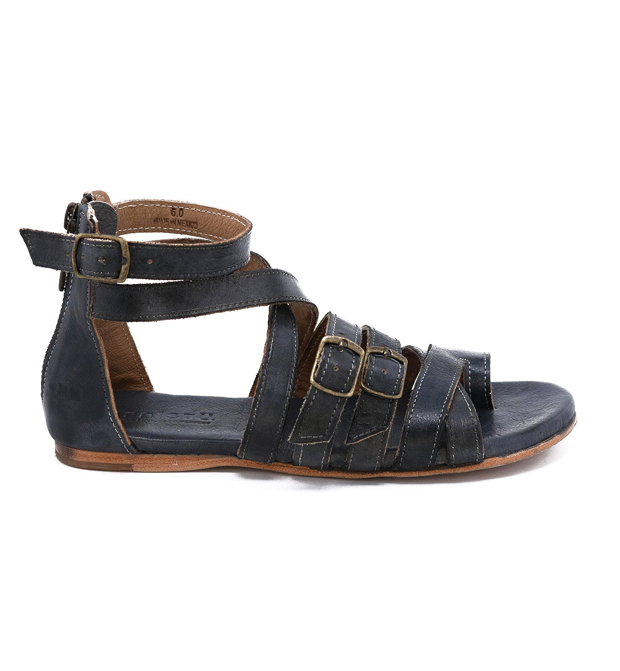 A women's Miya black leather sandal by Bed Stu with straps and buckles.
