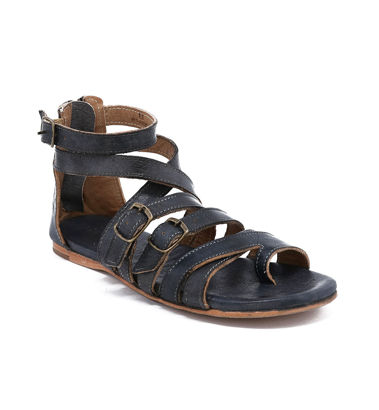 A women's Miya black pure leather sandal by Bed Stu with straps and buckles.