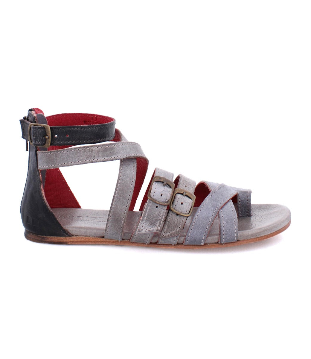 A women's Miya grey leather sandal by Bed Stu with straps and buckles.