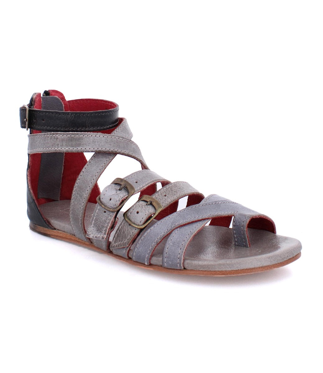 A women's Miya grey pure leather sandal by Bed Stu with straps and buckles.