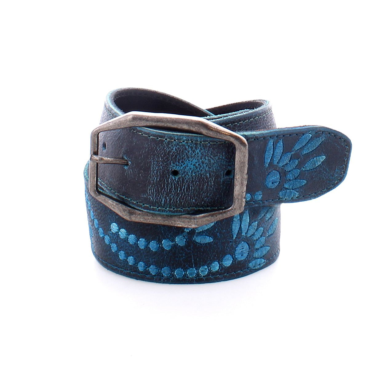 The Bed Stu Mohawk, a blue leather belt featuring an embroidered floral design and a silver rectangular buckle, is rolled up against a white background.