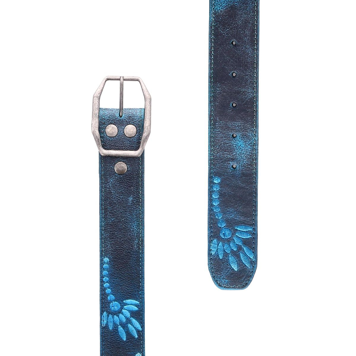 The Mohawk belt by Bed Stu is a distressed blue leather accessory with a rectangular metal buckle and an intricate floral design. This belt features multiple holes for adjustable sizing, enhanced by delicate embroidered details.