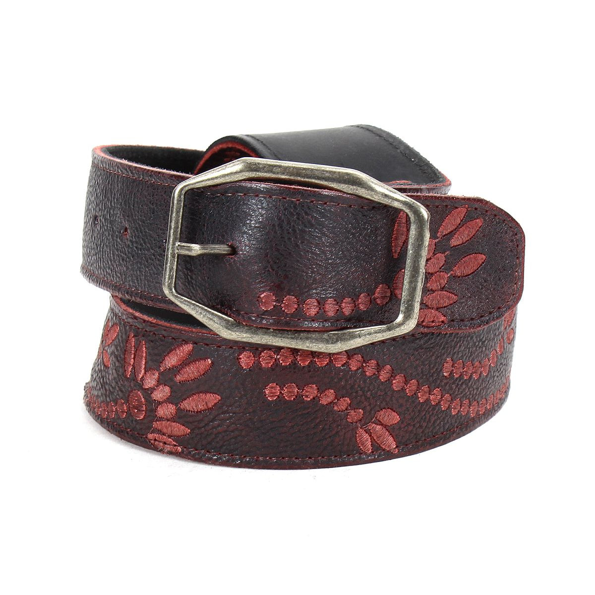 The Mohawk belt from Bed Stu is a dark brown leather accessory with decorative red stitching, featuring an antique silver buckle and subtle embroidered details.